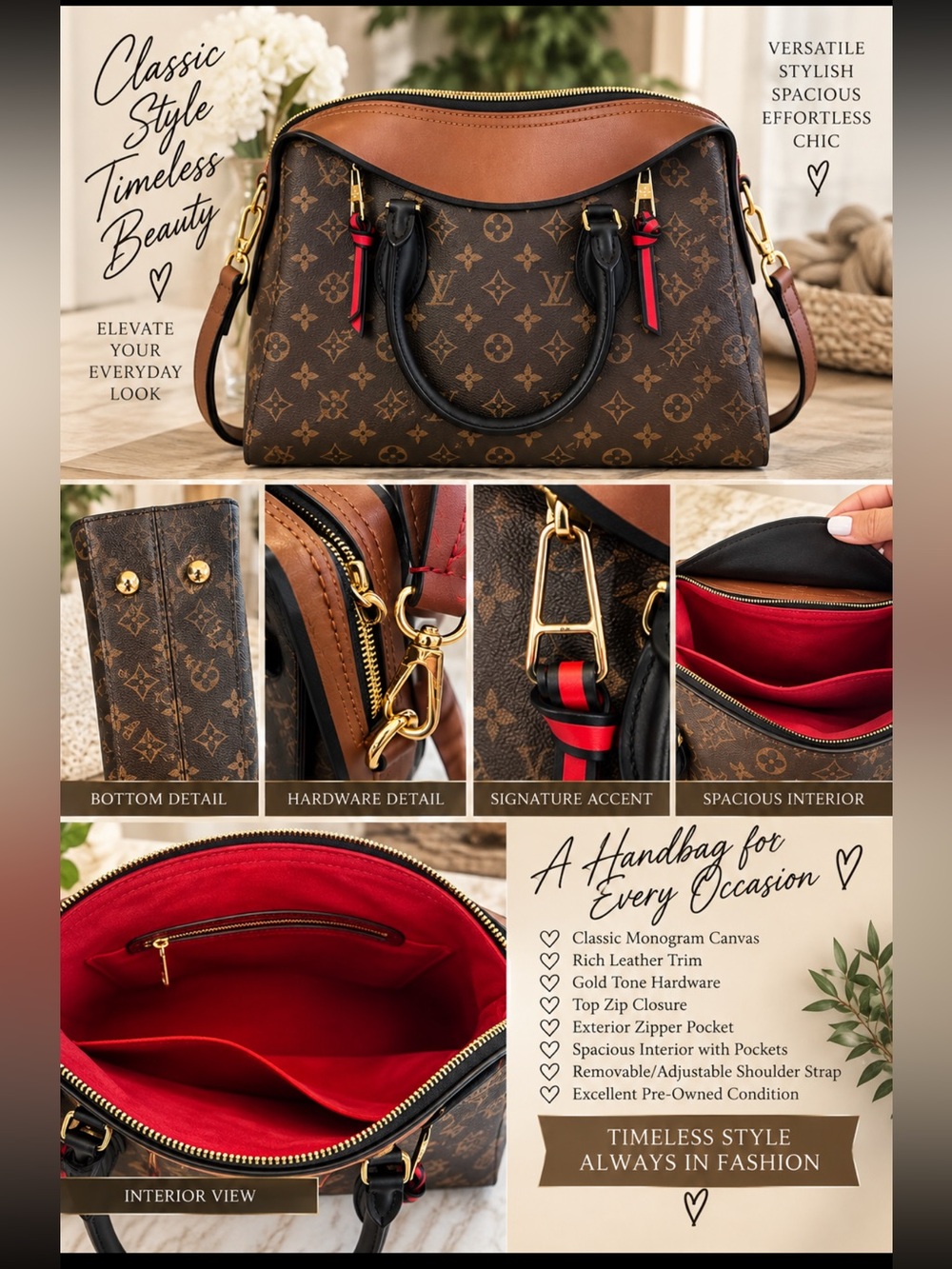 Monogram Canvas Satchel with Brown Trim and Red Interior